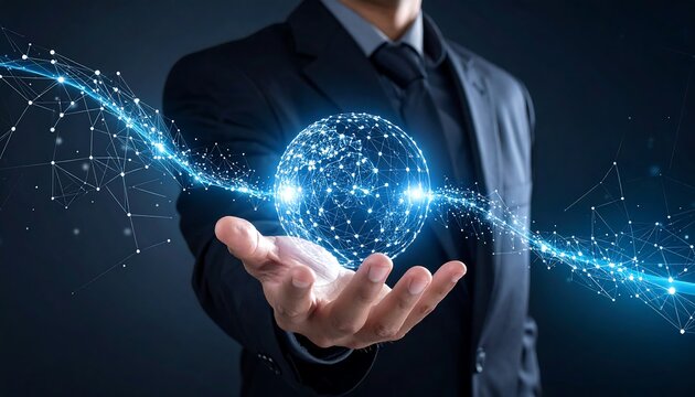 A businessman's open hand cradles a glowing sphere of interconnected points, representing data or a network, connected by bright lines
