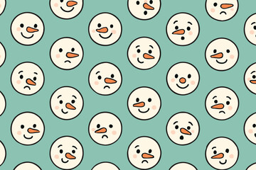 Fototapeta premium Seamless pattern of expressive snowman faces with carrot noses showing happy, sad, surprised, and smiling emotions on teal background