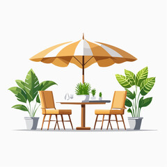 Outdoor dining scene with striped umbrella table chairs and potted plants