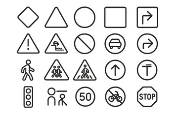 Black traffic and road sign icon set on dark metallic background featuring directional arrows, warning signs, pedestrian symbols, speed limit, and stop signs