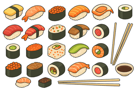 Hand Drawn Sushi Icon Collection Featuring Nigiri, Maki Rolls, Chopsticks and Soy Sauce on Warm Background
