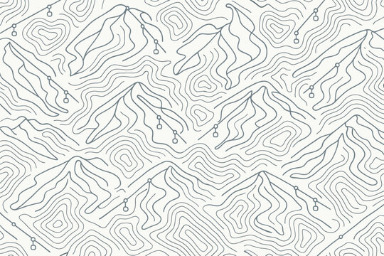 Seamless Topographic Mountain Pattern with Contour Lines and Ski Lifts in Minimal Monochrome Style