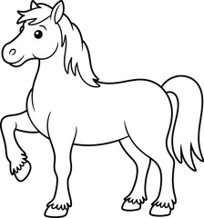 Cartoon horse illustration, black and white line drawing, cute animal clipart, vector pony art, children coloring page, stock image