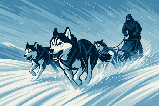Dynamic Illustration of Husky Dog Sled Team Racing Through Snowy Terrain with Musher