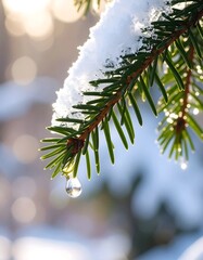 Close-up snow-covered fir branch with water droplet