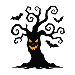 Spooky Halloween Tree with Bats Silhouette – Black Vector with Glowing Orange Eyes