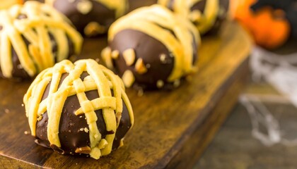 Halloween mummy chocolate truffles, dark chocolate with yellow drizzle, almond pieces, rustic wooden board, festive autumn treat