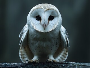 A majestic barn owl with its iconic heart shaped face and speckled plumage perched on a branch in the darkness