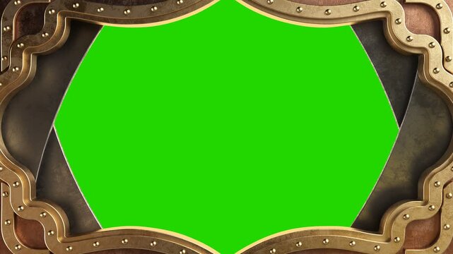 Steampunk metal board with opening metal hole or door. Isolated with green chromakey, luma matte.