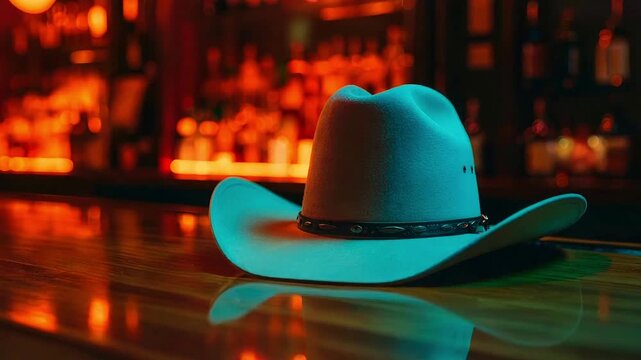 Cowboy hat resting on a polished bar counter with a vibrant, illuminated background of bottles