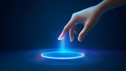 Human hand touching glowing blue futuristic interface finger