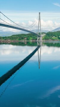 Aerial shot of the Halogaland Suspension Bridge near the town of Narvik in Northern Norway.