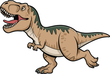 Cartoon T. rex illustration, roaring dinosaur character, prehistoric predator, brown and green reptile, vector animal design, stock image, Jurassic theme