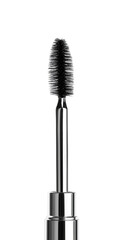 Close up view of mascara brush with black bristles on transparent background