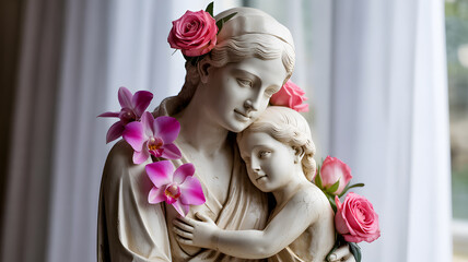 Maternal Bond Statue Adorned with Beautiful Flowers