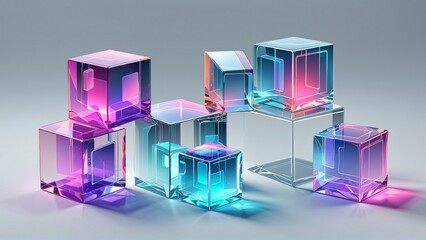 3d set of crystal light holographic glass cube render icons. Abstract geometric transparent block shapes with hologram gradient and dispersion effect. Isolated glossy square objects