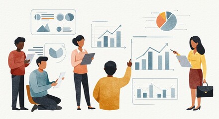 Diverse team collaborates on financial data analysis presenting growth strategies in a modern workspace