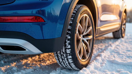 Blue SUV parked on snow, showcasing its winter tires and sleek design, illuminated by warm sunset glow