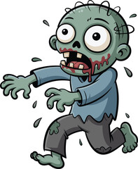 Cartoon zombie character, green skin, bulging eyes, blood mouth, torn clothes, running pose, Halloween art, horror clipart, comic style, spooky illustration