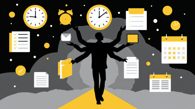 Multitasking professional managing various tasks with clocks and calendars in a creative digital illustration