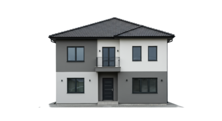 A modern two-story house with grey and white walls, dark grey roof, black-framed windows, balcony, and steps, isolated on a transparent background, concept of contemporary architecture
