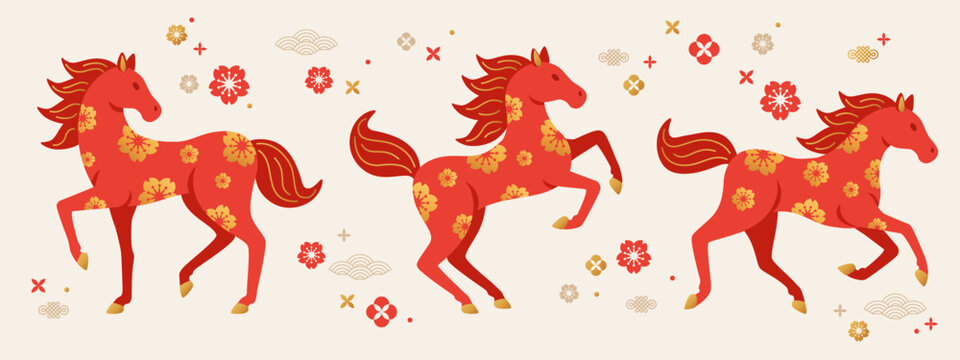 Chinese Zodiac Fire Horse silhouette icon set isolated on white background. Floral gold pattern. Vector illustration. Happy New Year 2026 Symbol. Asian Christmas calendar cover art. China poster