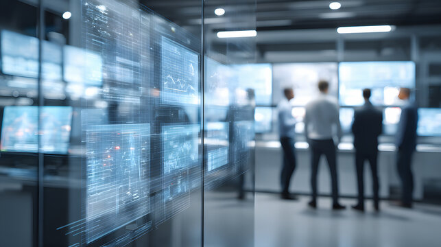 Futuristic Control Room with Digital Dashboards — Team Monitoring Data