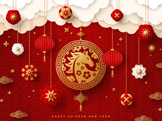 Chinese banner, Happy New Year 2026 poster. Lunar Horse gold emblem logo, 3d flowers, asian lanterns, paper clouds on red background. Vector illustration. China holiday sale flyer. Place for text