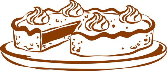 Sweet, open pie with filling and whipped cream, pumpkin, berry, fruit. Hand drawn image in outline, sketch, scribble. Design element on a white background.