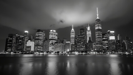 Obraz premium Stunning city skyline at night, showcasing tall buildings and reflections on water, creating serene atmosphere