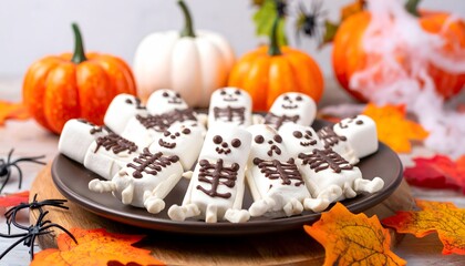 Obraz premium Halloween marshmallow skeleton skewers on wooden plate, surrounded by pumpkins, autumn leaves, spiders, festive white party background