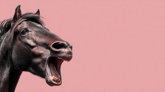 Horse with open mouth neighing on plain background
