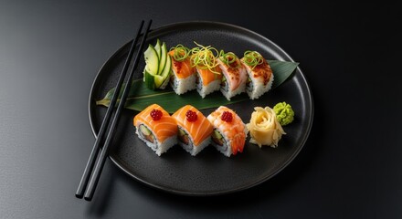 Assorted sushi rolls with salmon and avocado on black plate
