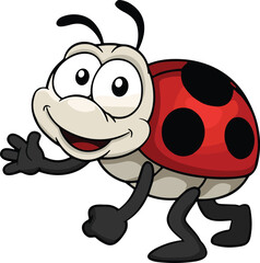 Cartoon, ladybug, vector, illustration, insect, character, friendly, cute, cheerful, nature, playful, happy, animated, spotted, waving, whimsical, fun, red, black, charming