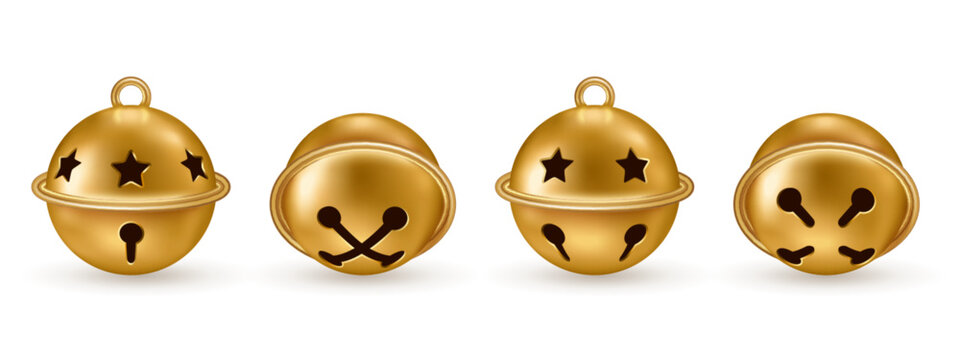 Gold jingle bells ball icons set isolated on white background. Vector illustration. Merry Christmas Happy New Year 3d metal object. Retro Xmas tree small decoration. Eve party poster banner design