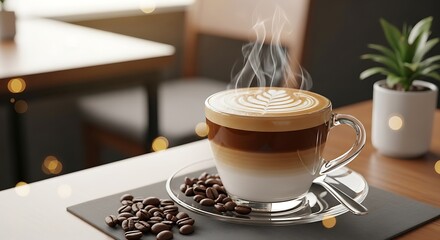 Steaming latte macchiato with coffee beans on a table in a cafe