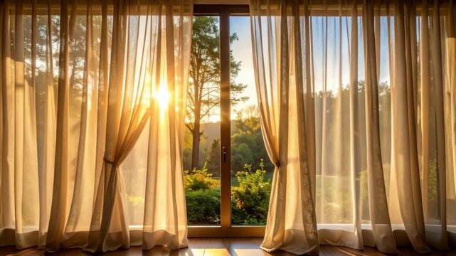 View through open window with sheer curtains reveals sunlit garden with trees and wooden floor bathed in golden light creating a serene atmosphere