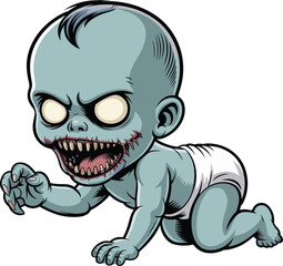 Creepy zombie baby character, undead infant, vector illustration, horror-themed, scary design, crawling pose, sinister creature, Halloween graphic, spooky art, stock image