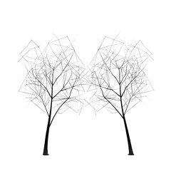 Obraz premium Abstract geometric tree silhouette with colorful polygonal leaves and tangled wireframe branches, moody art