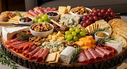 Abundant charcuterie board filled with delicious cheeses meats fruits and nuts for gathering