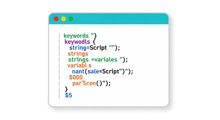 Flat design illustration of a programming script in a colorful code editor window.