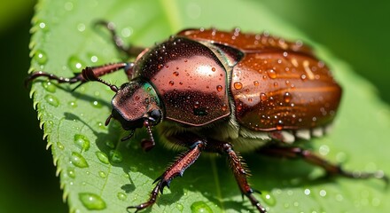 Fototapeta premium Japanese beetle on a leaf with water droplets in natural light.