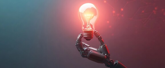 Robotic hand holding illuminated light bulb illumination technology