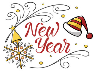 Festive New Year wreath graphic design for holiday celebrations. A simple, elegant, and cheerful circular wreath design featuring the words "New Year" in a bold font. 