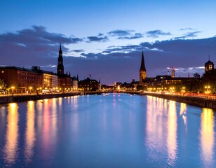 Obraz premium Cityscape at twilight reflected in a canal