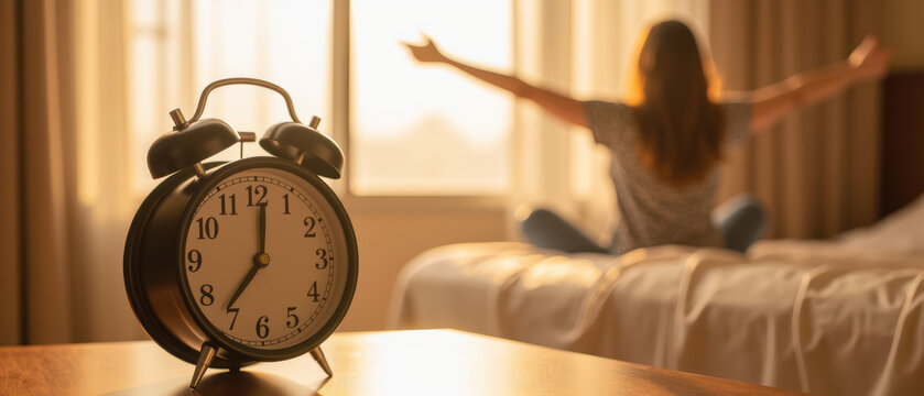 Peaceful morning scene featuring vintage alarm clock in foreground and person stretching by window in soft sunlight