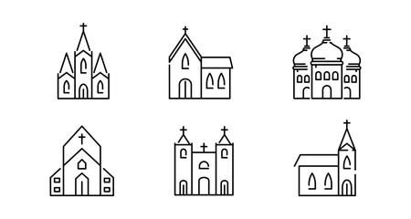 Fototapeta premium Linear church icons set: gothic, orthodox, modern styles in simplistic design