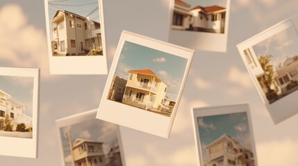 Floating Polaroid Prints Showcasing Residential Homes Against a Soft Cloudy Sky, Ideal for Real Estate Advertising