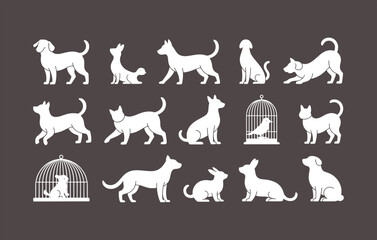 Pet Silhouettes Vector Collection with Dogs, Cats, Rabbits, and Birds in Cages – Animal Companions Clipart for Design Projects