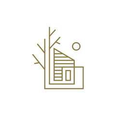 House or wood cabin logo with tree branch and sun or moon